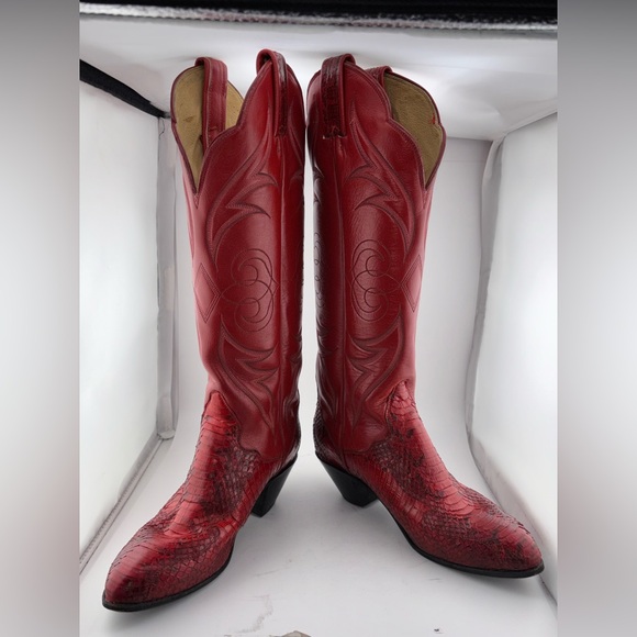 Vintage Tony Lama Red Python Red Leather Western Cowboy Boots Women’s 7.5 - Picture 1 of 12